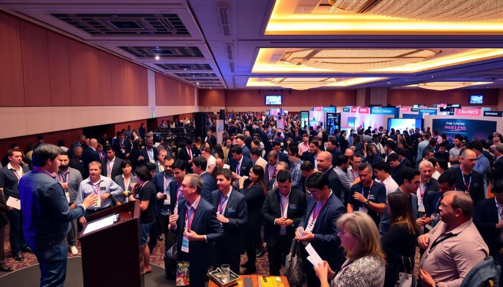 A bustling conference hall, bathed in warm lighting and filled with a diverse crowd of professionals. In the foreground, a speaker stands at a sleek podium, gesticulating animatedly as they share insights. The middle ground is alive with attendees engaged in lively discussions, exchanging business cards and notes. In the background, exhibition booths showcase the latest industry products and services, creating a vibrant atmosphere of networking and knowledge-sharing. The scene conveys a sense of energy, collaboration, and the value of in-person events for building meaningful connections and advancing one's career.