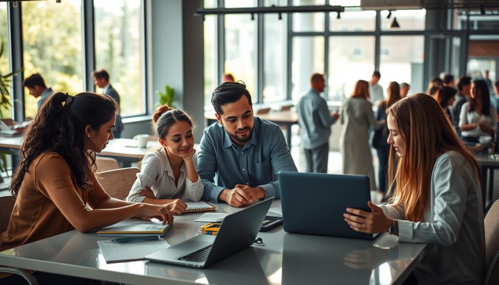 A bustling office setting, bathed in warm, natural lighting filtering through large windows. In the foreground, a group of enthusiastic young professionals deeply engaged in collaborative work, laptops and notepads scattered across a sleek, modern desk. In the middle ground, a senior mentor guides and supervises, offering insightful feedback. The background showcases the dynamic energy of the workplace, with colleagues networking, sharing ideas, and honing their skills. The overall atmosphere exudes a sense of mentorship, growth, and the invaluable real-world experience of a well-designed internship program.