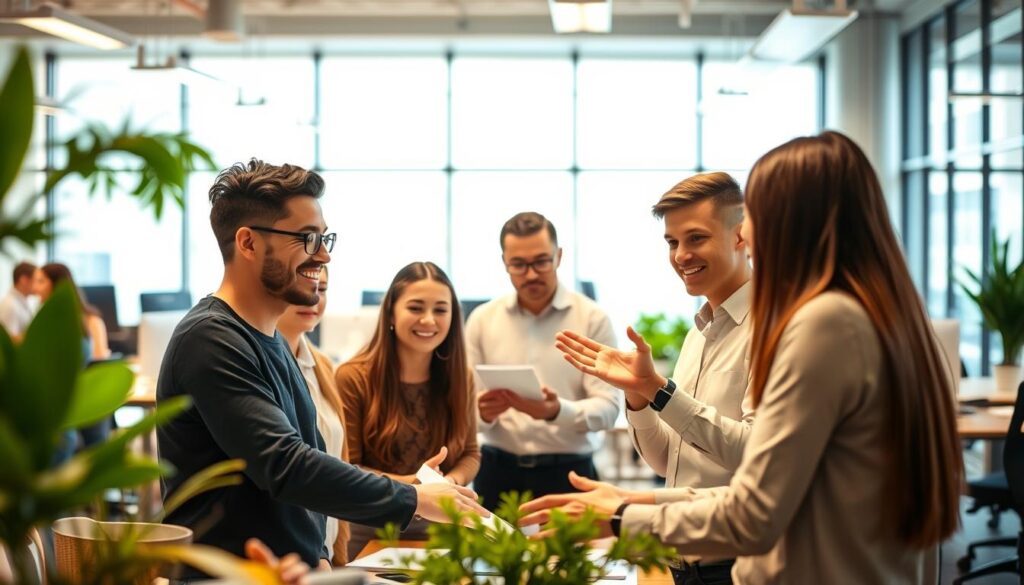 A bustling office setting, with young professionals engaged in diverse tasks. In the foreground, a group of interns collaborating on a project, their faces alight with enthusiasm. The middle ground showcases a mentor guiding them, hands gesturing animatedly. The background reveals a modern, well-lit workspace, with sleek desks, potted plants, and a wall of large windows allowing natural light to flood the space. The scene exudes a sense of dynamism, learning, and professional growth, reflecting the practical experiences and mentorship inherent in a meaningful internship.