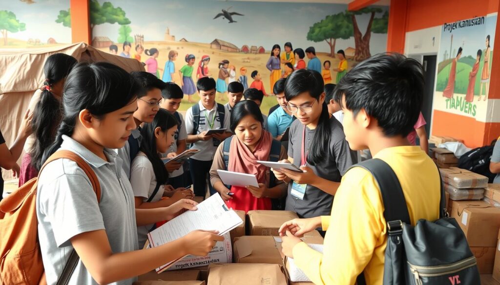 A bustling scene of university students engaged in a humanitarian project, captured with a wide-angle lens and natural lighting. In the foreground, a group of young adults work together, their faces alight with determination as they build shelters or distribute supplies. The middle ground reveals others consulting clipboards, coordinating logistics. In the background, a vibrant mural depicting scenes of community and kindness sets the stage. An atmosphere of collaboration, problem-solving, and service permeates the frame, conveying the spirit of a "Proyek Kemanusiaan" - a meaningful campus initiative that empowers students to make a positive impact.