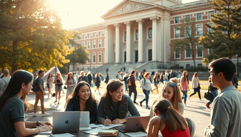 A bustling university campus, students engaged in lively discussions, exchanging ideas and forging new connections. In the foreground, a group of classmates gathered around a table, laptops open, papers scattered, their expressions animated as they collaborate on a project. The middle ground features students strolling across the quad, some stopping to chat with friends, others heading to their next lecture. In the background, the grand façade of the main administration building, its ornate architecture and towering columns lending an air of tradition and academia. Warm, golden sunlight filters through the trees, casting a gentle glow over the scene, and a sense of energy and intellectual vibrancy permeates the atmosphere.