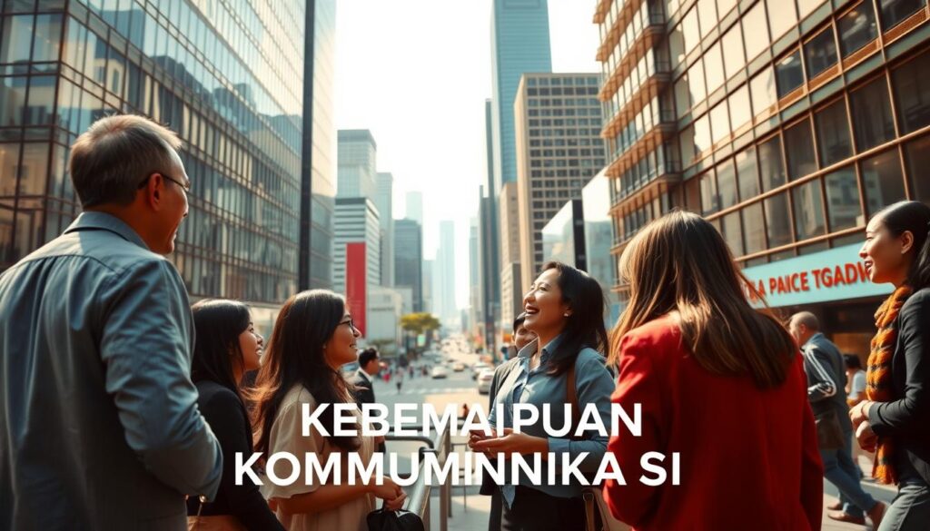 A bustling urban scene, showcasing the power of effective communication. In the foreground, a group of professionals engaged in a lively discussion, their body language and animated expressions conveying the importance of interpersonal skills. The middle ground features a sleek, modern office building, its glass façade reflecting the dynamism of the city. In the background, a cityscape of towering skyscrapers and bustling streets, underscoring the significance of communication in navigating the complexities of the modern professional landscape. Warm, natural lighting illuminates the scene, creating a sense of energy and collaboration. Captured through a wide-angle lens, the image conveys the multifaceted nature of "Kemampuan Komunikasi" and its vital role in fostering successful networking and relationships.