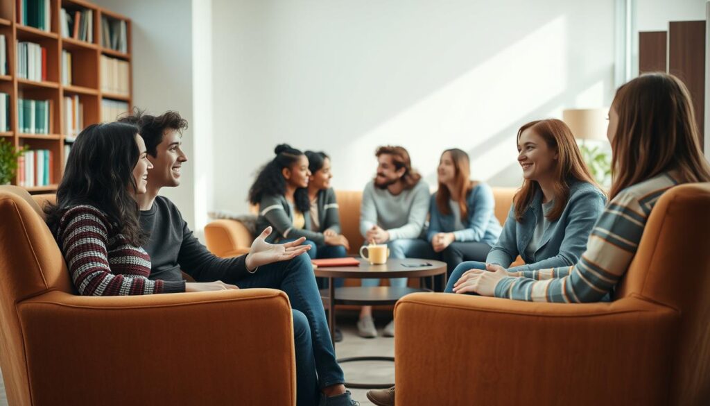 A close-knit group of young college students gathering in a cozy, sun-lit study area, engaging in animated discussions and providing emotional support to one another. In the foreground, two students are seated on plush armchairs, leaning in and gesturing emphatically as they share their experiences. The middle ground features a small circle of friends huddled around a coffee table, their faces filled with understanding and concern. In the background, a bookshelf-lined wall sets a scholarly, yet warm and inviting atmosphere. Soft, diffused lighting casts a gentle glow, creating a sense of comfort and camaraderie. The overall scene conveys the importance of building a supportive social network to overcome the challenges of student life.