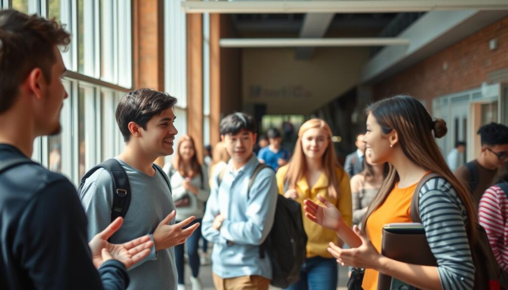 A college campus setting, brightly lit with natural light streaming through large windows. In the foreground, a group of students engaged in a lively discussion, gesturing animatedly as they exchange ideas. In the middle ground, a professor guides a seminar, encouraging open dialogue and collaborative problem-solving. In the background, students can be seen navigating the halls, stopping to chat with peers, creating a vibrant, interconnected atmosphere. The scene conveys a sense of intellectual curiosity, effective communication, and the value of active participation in campus life.