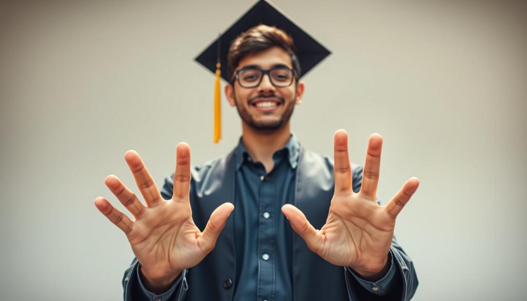 A college graduate stands confidently, their skills and abilities radiating through a warm, natural lighting. In the foreground, hands gesture expressively, highlighting technical proficiencies and problem-solving aptitude. The middle ground showcases academic achievements and extracurricular activities, demonstrating a well-rounded skillset. In the background, a minimalist, clean-lined environment sets the stage, allowing the individual's capabilities to take center stage. The overall mood conveys an air of professionalism, competence, and readiness to contribute to the workforce.