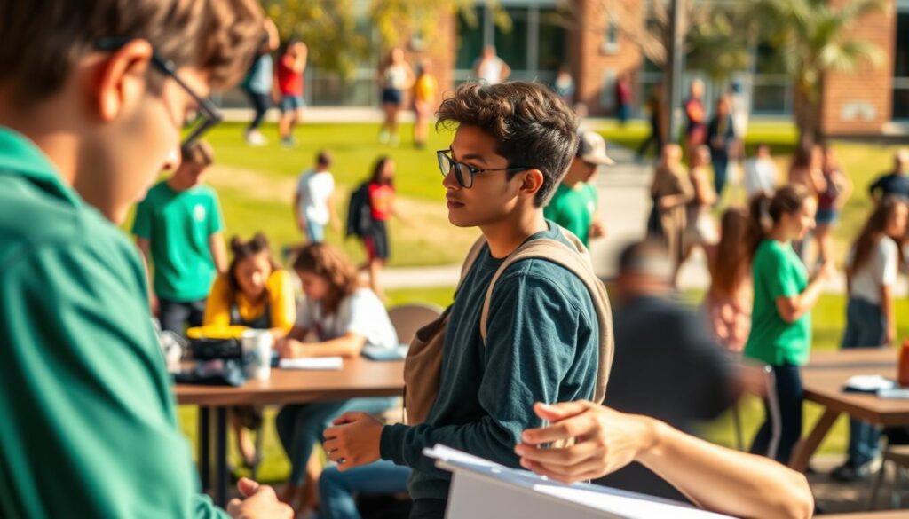 A college student immersed in a diverse array of activities, developing invaluable non-academic skills. In the foreground, they are engaged in a hands-on workshop, honing their problem-solving and teamwork abilities. The middle ground features the student leading a group discussion, showcasing their communication and leadership skills. In the background, a vibrant campus scene with students participating in various extracurricular pursuits, from sports to creative arts, all contributing to a well-rounded educational experience. Warm, natural lighting illuminates the dynamic setting, conveying a sense of personal growth and enrichment beyond the confines of the classroom.