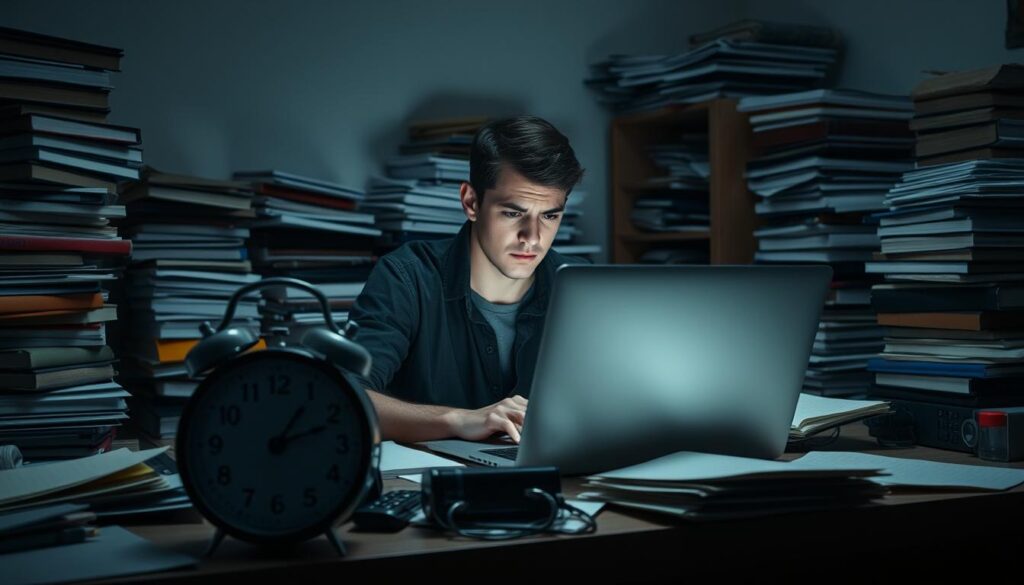 A college student sits at a cluttered desk, staring at an open laptop with a look of frustration. Around them, the room is dimly lit, with piles of books and scattered papers creating a sense of overwhelming disorganization. In the foreground, a digital clock displays the late hour, emphasizing the passing of time. The lighting is soft and moody, casting shadows that suggest the weight of procrastination. The scene conveys a sense of being trapped in a cycle of delay, with the student's expression conveying the need to break free and take control of their time.