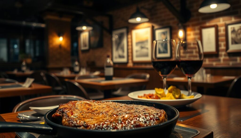 A cozy, dimly-lit restaurant interior with a warm, inviting ambiance. In the foreground, a juicy, medium-rare steak sizzles on a cast-iron skillet, its rich aroma wafting through the air. The steak is accompanied by a side of roasted vegetables and a glass of full-bodied red wine. The middle ground features a wooden table with simple, rustic decor, creating a relaxed, casual atmosphere. In the background, a brick wall with vintage artwork and soft lighting sets the mood for an affordable, high-quality dining experience. The overall scene conveys a sense of affordable luxury, where diners can enjoy a premium steak dinner without breaking the bank.