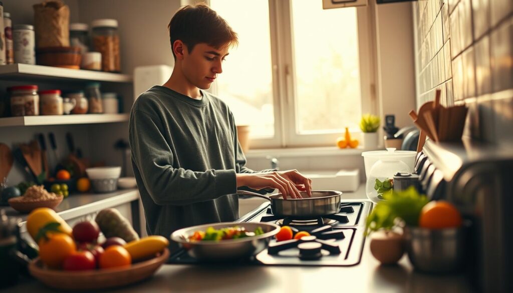 A cozy kitchen scene with a young adult cooking on a stovetop, surrounded by fresh produce, neatly organized pantry items, and basic cooking tools. Warm natural lighting from a window bathes the space, creating a homely atmosphere. The focus is on the person's hands skillfully preparing a simple, wholesome meal, conveying a sense of self-reliance and mindful consumption. The background features minimal clutter, emphasizing efficiency and intentionality in the kitchen. An overall feeling of thrift, practicality, and personal empowerment radiates from the image.