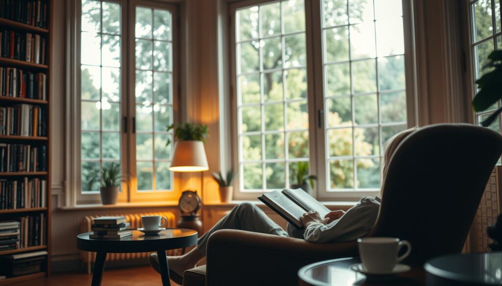 A cozy, well-lit study with large windows overlooking a lush garden. In the foreground, a person sits comfortably in an armchair, engrossed in a book, a cup of tea on the side table. Soft, warm lighting illuminates the scene, creating a serene and contemplative atmosphere. The background features bookshelves lining the walls, filled with a diverse collection of books, hinting at a love for reading and self-improvement. The angle is slightly elevated, giving a sense of intimacy and focus on the reader's immersive experience. The overall mood is one of mindfulness, intellectual curiosity, and the joy of reading.