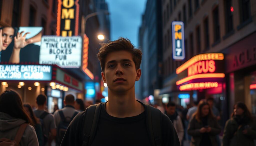 A crowded city street, dimly lit by streetlamps, with a young person walking home from work, carrying a backpack. In the background, a movie theater marquee displays the latest blockbuster, while a nightclub's flashing neon lights hint at the allure of entertainment. The scene conveys a sense of restraint, with the pedestrian's expression reflecting a desire to save on transportation and leisure expenses. Soft, warm lighting creates a contemplative mood, guiding the viewer to focus on the central figure's thoughtful expression.