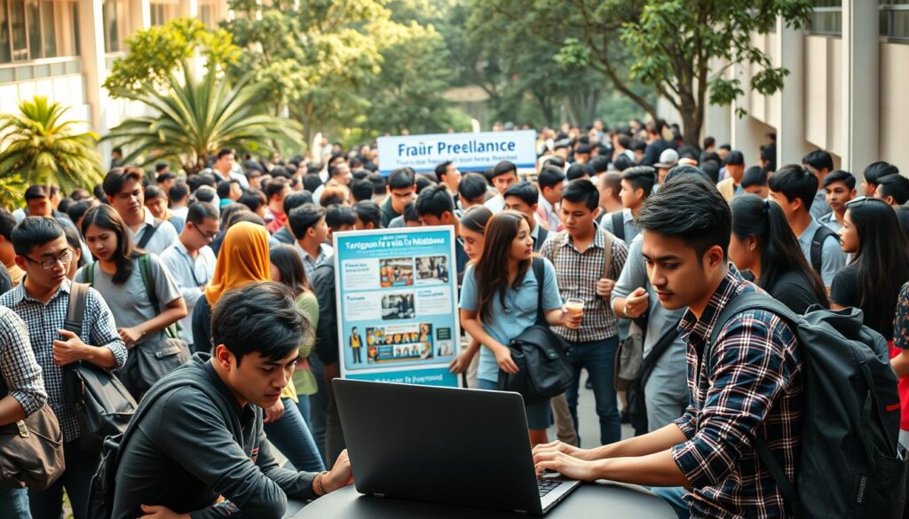 A crowded university campus, bustling with students navigating the challenges of freelance work. In the foreground, a young man sits hunched over a laptop, brow furrowed as he tackles a complex project deadline. Surrounding him, his peers engage in animated discussions, some sharing tips and strategies, others visibly stressed. In the middle ground, a career fair booth showcases freelance opportunities, attracting curious students. The background is a blend of modern architecture and lush greenery, reflecting the vibrant and dynamic nature of campus life. Warm, directional lighting casts shadows and highlights the focus and determination on the students' faces, capturing the essence of the "Tantangan Freelance untuk Mahasiswa" experience.