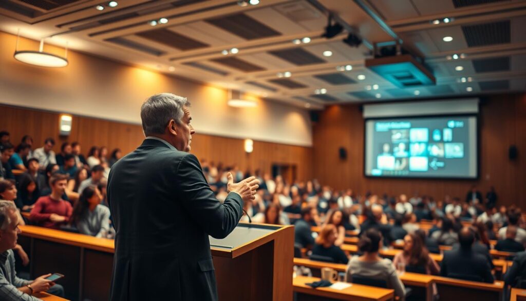 A crowded university lecture hall, filled with attentive students seated at desks. At the front, a confident speaker stands behind a podium, delivering a passionate speech with animated gestures. Warm lighting from overhead fixtures casts a soft glow, creating an atmosphere of focused engagement. The speaker's face is clearly visible, conveying a sense of authority and expertise. In the background, a large projection screen displays visually engaging slides to complement the presentation. The scene exudes a sense of professionalism and intellectual discourse, perfectly capturing the essence of public speaking in a campus setting.