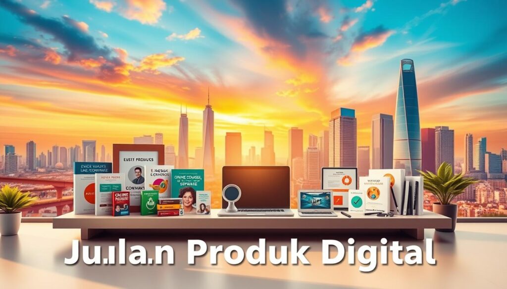 A digital product marketplace set against a vibrant backdrop. In the foreground, a stylized representation of various digital products - e-books, online courses, graphics, and software - arranged neatly on a sleek, modern display. The middle ground features a minimalist workspace, with a laptop, stylus, and other digital tools, hinting at the process of creating and selling these products. The background showcases a cityscape with skyscrapers and a vibrant, saturated sky, conveying a sense of urban energy and opportunity. The overall scene is bathed in warm, natural lighting, creating a welcoming and aspirational atmosphere for the "Jualan Produk Digital" concept.