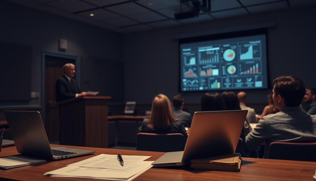 A dimly lit academic setting, with a professor standing at a podium, delivering a lecture to a room of attentive students. In the foreground, a desk showcases a laptop, books, and papers, representing the academic and research aspects. In the background, a projection screen displays relevant graphs, charts, and diagrams, illustrating the professional applications and real-world relevance of the subject matter. Soft, warm lighting creates a contemplative atmosphere, emphasizing the importance of the connection between academic knowledge and professional practice.