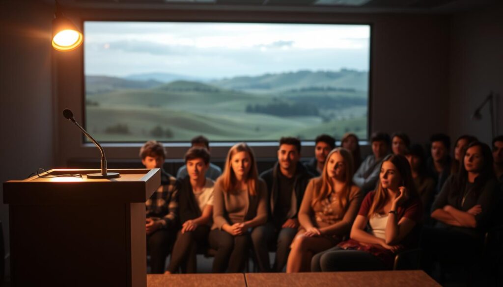A dimly lit classroom setting, with a podium in the foreground, illuminated by a warm spotlight. In the middle ground, a group of students sit attentively, their faces expressing a mix of anticipation and nervousness. In the background, a calming landscape of rolling hills and a serene sky, hinting at the tranquility and focus needed for effective public speaking. The lighting is soft and diffused, creating a contemplative atmosphere. The overall scene conveys a sense of guidance and support, as the students prepare to overcome their anxiety and develop their public speaking skills.