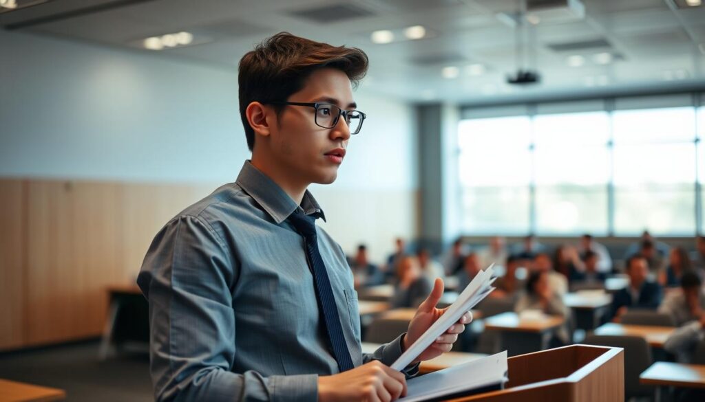 A focused university student intently practicing a lecture presentation in a well-lit classroom. The foreground shows the student, dressed neatly, standing at a podium, gesticulating confidently while referencing notes. The middle ground depicts rows of desks and chairs, creating a sense of the presentation space. The background features large windows allowing natural light to flood the room, conveying an atmosphere of focus and determination. The lighting is soft and even, highlighting the student's earnest expression. The camera angle is slightly elevated, creating a perspective that emphasizes the student's preparedness and command of the material.
