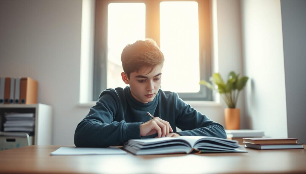 A focused young student sitting at a desk, surrounded by a minimalist workspace. Warm, natural lighting from a window highlights their deep concentration as they study intently, their gaze fixed on an open textbook. The background is slightly blurred, creating a sense of calm and eliminating distractions. The composition emphasizes the subject's determination and commitment to their academic pursuits, conveying a mood of tranquility and productivity.