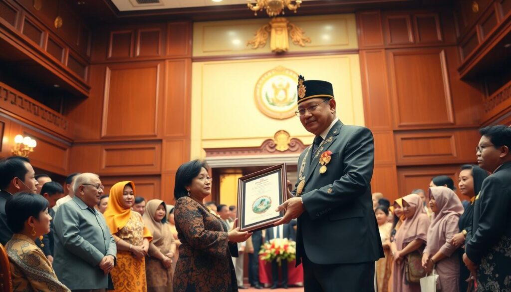 A grand ceremony set in the stately halls of Riau's provincial government, where the esteemed Governor stands tall, adorned in formal attire, bestowing a prestigious cultural award upon a revered local artist. The scene radiates a sense of pride and appreciation, with a crowd of dignitaries and community members gathered to witness this momentous occasion. The rich, ornate interiors of the building create a sophisticated, regal atmosphere, while soft, warm lighting casts a gentle glow, illuminating the Governor's benevolent expression and the recipient's grateful demeanor. This image captures the essence of Riau's commitment to honoring and preserving its vibrant cultural heritage, a testament to the region's progress and the visionary leadership guiding its path.