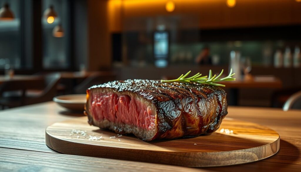 A juicy, perfectly seared steak takes center stage on a wooden table, set against the backdrop of a modern, minimalist Jakarta Selatan restaurant. The steak's deep, caramelized crust contrasts with the tender, pink interior, inviting the viewer to imagine its savory, umami-rich flavor. Soft, directional lighting casts warm, golden hues, creating an intimate, sophisticated atmosphere. Subtle details, such as a sprinkle of coarse sea salt and a sprig of fresh rosemary, elevate the presentation, showcasing the chef's attention to detail. The scene exudes a sense of refined, urban elegance, perfectly capturing the essence of a high-quality steak dining experience in the heart of Jakarta Selatan.