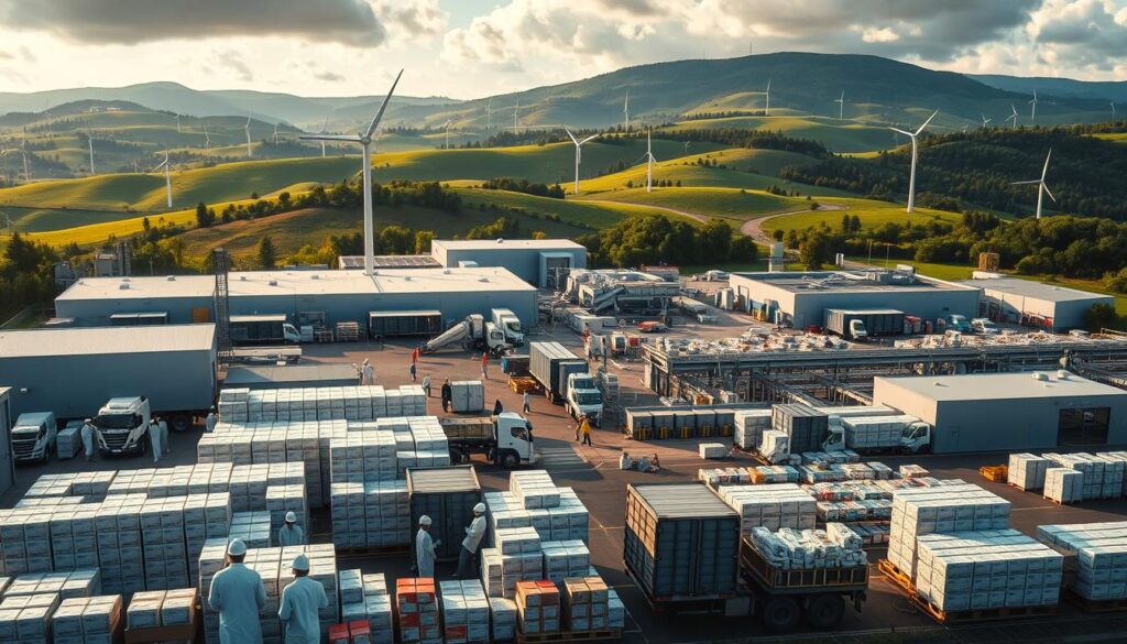 A large, modern pharmaceutical factory nestled in a lush, verdant countryside. In the foreground, workers in white lab coats and hardhats busily load trucks with neatly stacked boxes of generic medications. The middle ground features state-of-the-art production lines and quality control labs, bathed in the warm glow of natural light filtering in through massive windows. In the background, rolling hills dotted with wind turbines and solar panels hint at the facility's commitment to sustainable energy. The scene conveys a sense of efficiency, innovation, and social responsibility - the hallmarks of a government-run defense industry pharmaceutical operation dedicated to providing affordable, essential medicines to the public.