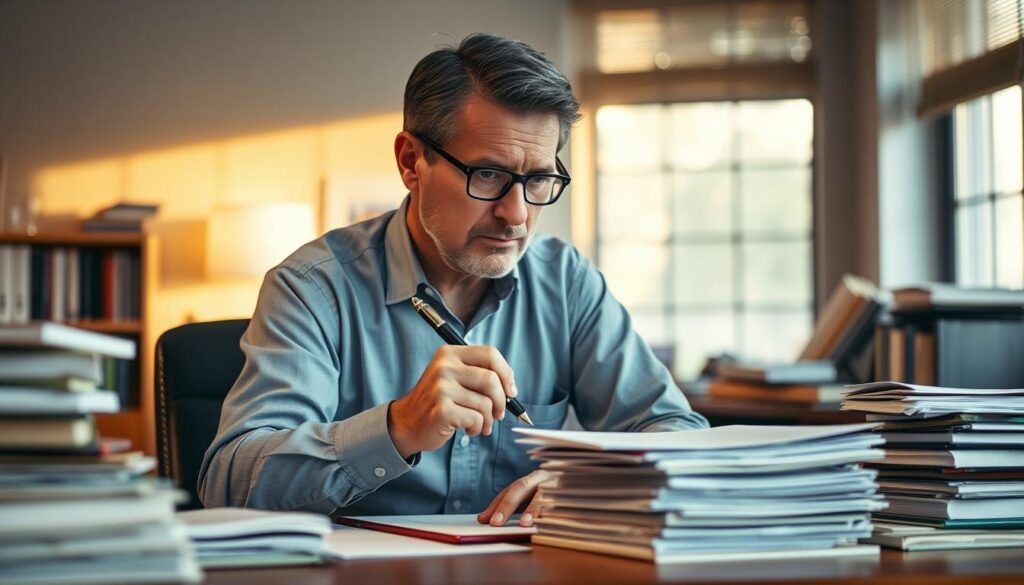 A middle-aged professor sitting at a desk, surrounded by stacks of paper and books. They have a focused expression, deep in thought, pen in hand. The office is well-lit, with warm lighting from a nearby window, casting a gentle glow. The background is slightly blurred, conveying a sense of isolation and dedication to the task at hand. The professor's attire is professional, suggesting an experienced academic. The overall atmosphere is one of quiet contemplation, emphasizing the importance of the mentorship role.