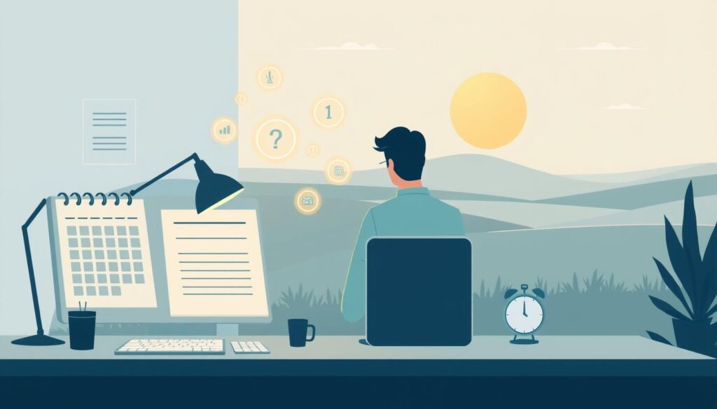 A minimalist, clean-lined illustration showcasing effective time management strategies. In the foreground, a desk with a neatly organized workspace, a calendar, and a to-do list. In the middle ground, a person sitting at the desk, intently focused, surrounded by glowing productivity icons. In the background, a peaceful, serene landscape with a setting sun, conveying a sense of balance and tranquility. The lighting is soft and natural, with a slight warm tone. The overall mood is one of efficiency, organization, and a harmonious work-life integration.