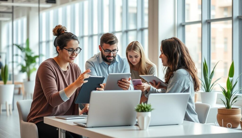 A modern office setting, with employees engaged in microlearning activities on their laptops and tablets. Soft natural lighting from large windows, creating a calm and productive atmosphere. In the foreground, a group of coworkers collaborating around a table, discussing insights from their recent microlessons. In the middle ground, individuals focused on their screens, absorbing concise, bite-sized educational content. The background features a stylish, minimalist decor, with sleek furniture and potted plants, reflecting the efficient and innovative nature of microlearning in the workplace.