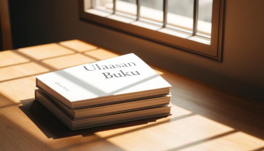 A neatly arranged stack of books on a wooden table, with a minimalist cover design showcasing the title "Ulasan Buku" in a modern, sans-serif font. The books are positioned at a slight angle, casting soft shadows that add depth and texture to the scene. Warm, natural lighting filters in from a window, creating a cozy, inviting atmosphere. The table's surface is clean and uncluttered, allowing the focus to remain on the books. The overall composition is balanced and visually appealing, conveying a sense of thoughtfulness and attention to detail.