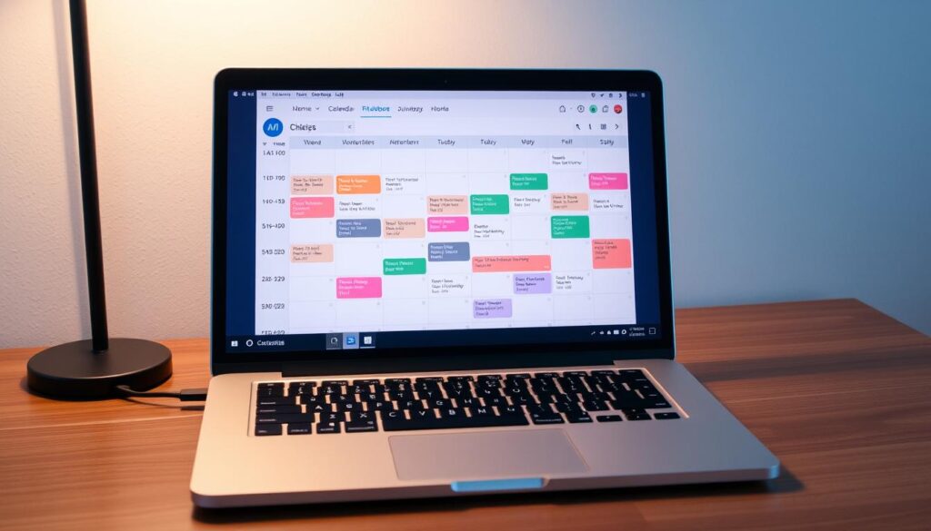 A neatly organized digital calendar displayed on a modern laptop, showcasing a well-structured schedule for college courses. The calendar interface features clean lines, minimalist icons, and a soothing color palette that creates a sense of efficiency and productivity. The screen is illuminated by soft, diffused lighting, casting a warm glow on the desktop surface. The laptop is positioned at a slight angle, allowing for a clear view of the detailed schedule, which includes color-coded blocks for different subjects, time slots, and important deadlines. The overall scene conveys a sense of control, organization, and a focused approach to managing one's academic responsibilities.
