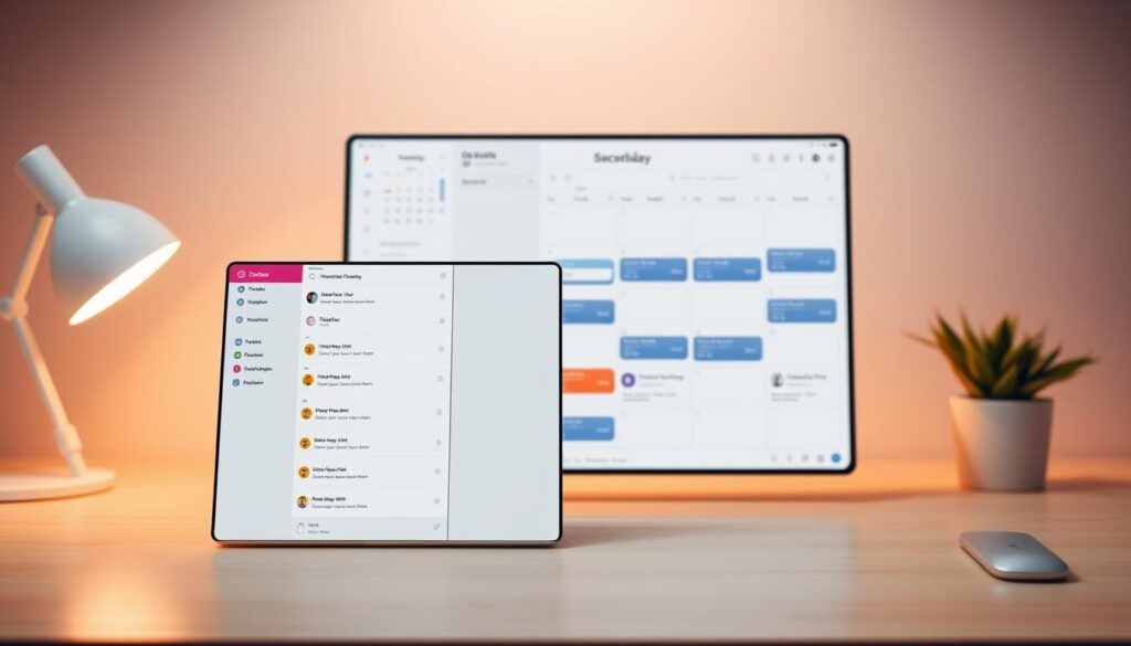 A neatly organized digital workspace with a sleek, minimalist interface. In the foreground, a to-do list displays a set of color-coded tasks and due dates, conveying a sense of productivity and control. The middle ground features a calendar view, showcasing upcoming events and deadlines, all seamlessly integrated. In the background, a clean, neutral-toned workspace with subtle grid lines creates a sense of structure and focus. Warm, diffused lighting illuminates the scene, evoking a calm and efficient atmosphere. The overall composition suggests a comprehensive task management application that helps users stay organized and on top of their responsibilities.