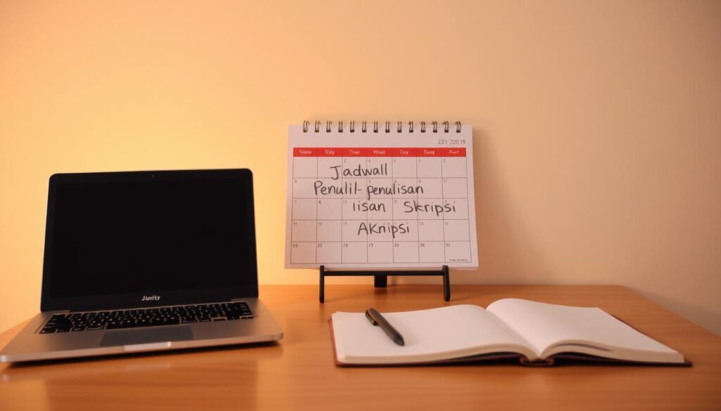 A neatly organized study desk with a laptop, notebook, and calendar prominently displayed. The calendar features a grid of dates and the words "Jadwal Penulisan Skripsi" written across the center. Soft, warm lighting creates a focused, productive atmosphere. The desk is set against a plain, minimalist background, allowing the desk items to be the central focus. The overall scene conveys a sense of intentionality, structure, and realistic planning for the thesis writing process.