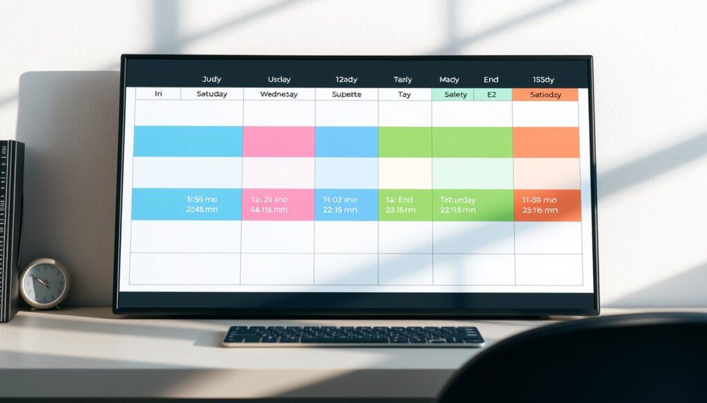 A neatly organized weekly schedule displayed on a minimalist desk. The layout features clean, color-coded blocks for each course, with clear start and end times. Stylized icons represent different subjects, creating a visually appealing and efficient design. The schedule is placed against a neutral, light-colored background, with soft natural lighting casting gentle shadows. The overall impression is one of focus, productivity, and a well-structured academic routine.