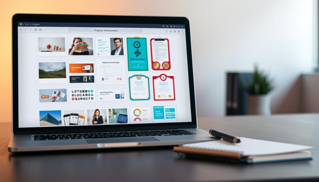 A portfolio of digital achievements, neatly organized and showcased in a clean, minimalist layout. In the foreground, a laptop screen displays a collection of project thumbnails, certificates, and awards, all arranged with meticulous care. The middle ground features a sleek, modern desk with a stylized pen and notebook, symbolizing the hard work and dedication behind these accomplishments. The background is a softly blurred, neutral-toned environment, allowing the digital portfolio to take center stage. Warm, diffused lighting illuminates the scene, creating a sense of professionalism and accomplishment. The overall mood is one of pride, organization, and a clear narrative of academic and professional growth.