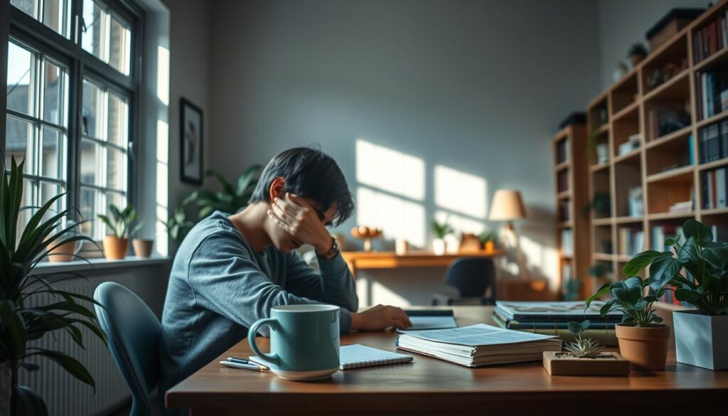 A serene, dimly lit study room with natural lighting filtering through a large window. In the foreground, a young college student sits at a desk, their head resting in their hands, conveying a sense of burnout and exhaustion. The middle ground features various self-care items, such as a mug of tea, a journal, and a few calming plants, suggesting strategies to overcome the burnout. The background showcases a cozy, inviting atmosphere with bookshelves, warm-toned decor, and a sense of tranquility, hinting at the restorative power of a calm environment. The overall mood is contemplative and introspective, guiding the viewer towards finding balance and rejuvenation.