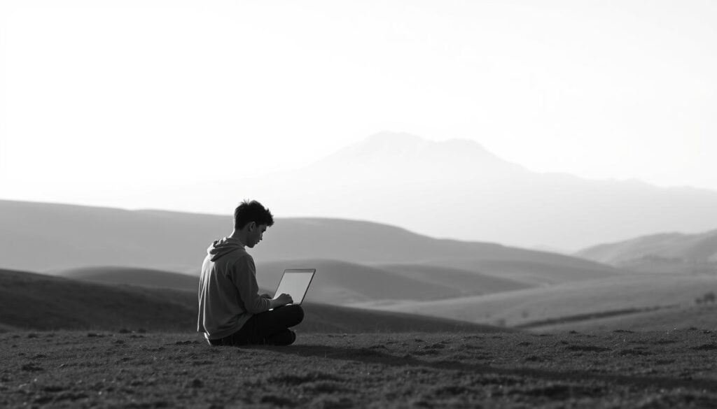 A serene, minimalist landscape depicting a country with few scholarship applicants. In the foreground, a solitary student sits cross-legged, gazing thoughtfully at a laptop. The middle ground features a tranquil, rolling hillside under a soft, diffused light. In the background, a majestic mountain range rises, its peaks dusted with snow. The overall atmosphere conveys a sense of contemplation and opportunity, hinting at the strategic advantages for those willing to stand out in a less competitive environment. Subtle, muted tones create a calming, introspective mood, inviting the viewer to imagine the possibilities of pursuing a scholarship in this unique setting.