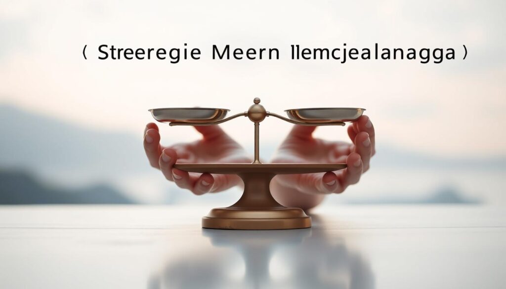 A serene, minimalist scene depicting the concept of "Strategi Menjaga Keseimbangan". In the foreground, two hands holding a delicate scale, symbolizing the careful balance between work and personal life. The scale's trays are evenly weighted, representing harmony and equilibrium. The background features a tranquil, blurred landscape with soft, diffused lighting, creating a calming atmosphere. The overall composition conveys a sense of focus, tranquility, and the importance of maintaining a balanced lifestyle.