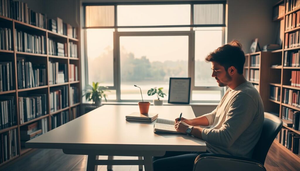 A serene study space flooded with warm, natural lighting. In the foreground, a student sits at a clean, minimalist desk, deep in concentration while taking notes in a notebook. Behind them, a large bookshelf filled with academic tomes lines the wall, hinting at the wealth of knowledge available. In the middle ground, a potted plant and a framed diploma add touches of personalization and a sense of academic achievement. The background features a large window overlooking a tranquil outdoor scene, providing a calming, inspirational view. The overall atmosphere exudes focus, diligence, and a drive for academic excellence.