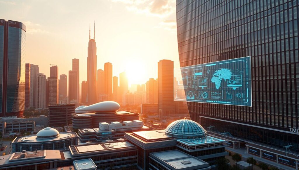 A sleek, futuristic cityscape with towering skyscrapers and gleaming glass facades, illuminated by a warm, golden sunset. In the foreground, a cluster of high-tech facilities and research labs, their clean lines and innovative designs reflecting the cutting-edge nature of the field of technology and informatics. Holographic displays and projection screens hover in the air, showcasing the latest advancements in digital interfaces and information processing. The atmosphere is one of progress, innovation, and the boundless potential of the digital age, perfectly capturing the essence of the "Jurusan Teknologi dan Informatika" section of the article.