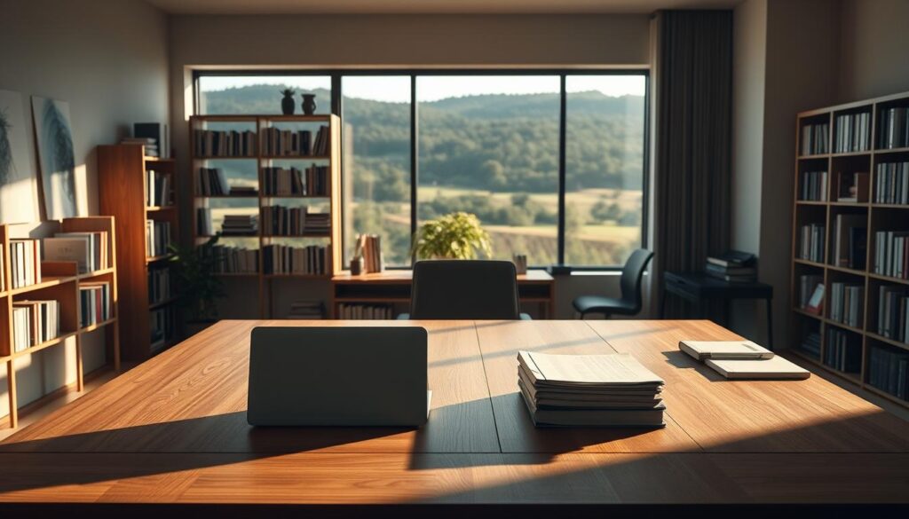 A sleek, minimalist office workspace with a large, wooden desk and an array of neatly organized research materials. In the foreground, a laptop and a stack of papers sit atop the desk, casting subtle shadows. The middle ground features a bookshelf filled with academic journals and reference books, while the background showcases a large window overlooking a serene, natural landscape, providing a sense of tranquility and inspiration. The lighting is soft and diffused, creating a warm, contemplative atmosphere, encouraging deep thought and sustainable research practices.