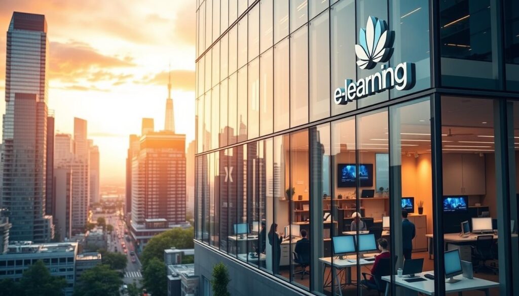 A sleek, modern office building with clean lines and large windows, set against a backdrop of a bustling city skyline. The building's facade features the logo and name of a prominent e-learning company, conveying a sense of innovation and technological prowess. Inside, the office is filled with collaborative workspaces, state-of-the-art equipment, and a team of passionate professionals dedicated to advancing the field of educational technology. The lighting is warm and inviting, creating a productive and inspiring atmosphere. The scene exudes a forward-thinking, dynamic energy that captures the essence of a leading e-learning company.