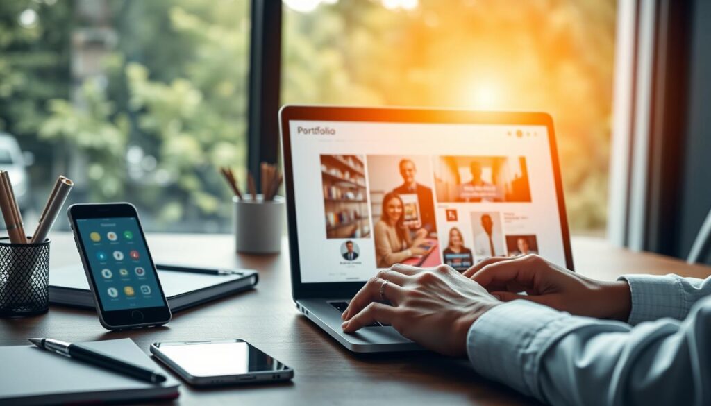 A sleek, modern office workspace with a laptop, stylish stationery, and a smartphone displaying social media icons. In the foreground, a person's hands are typing on the laptop, symbolizing active engagement in personal branding. The middle ground features a well-curated, aesthetically pleasing digital portfolio on the laptop screen, showcasing the individual's skills and achievements. The background has subtle, blurred social media platform logos, hinting at the importance of online presence and networking. Warm, natural lighting from a large window creates a professional, aspirational atmosphere. The overall scene conveys a sense of focus, productivity, and the strategic use of digital tools to build a personal brand.