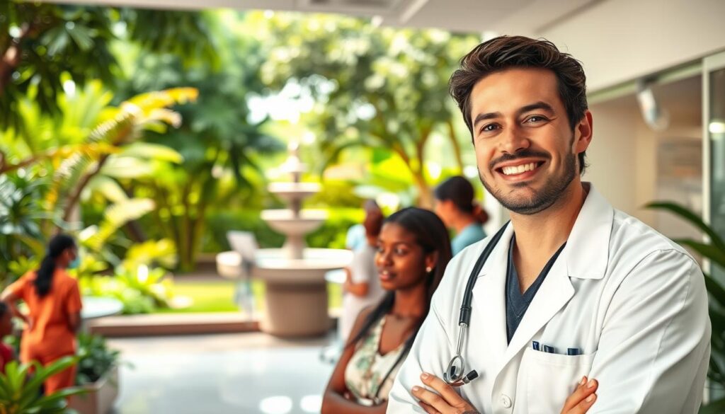 A vibrant and serene medical clinic set against a backdrop of lush greenery. In the foreground, a friendly doctor in a white coat consults with a patient, their faces radiating warmth and empathy. Nurses bustle about, tending to the needs of the community. In the middle ground, a modern and well-equipped examination room, gleaming with state-of-the-art medical technology. The background showcases a tranquil garden, with verdant trees and a calming water feature, creating a soothing atmosphere. The lighting is soft and natural, accentuating the healing energy of the space. This image conveys the importance of accessible and compassionate healthcare, the backbone of a thriving society.
