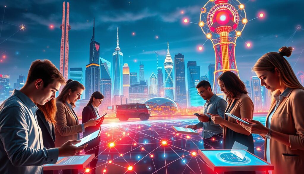 A vibrant, digital transformation landscape with a central focus on the role of microlearning. In the foreground, a group of professionals engaged in dynamic, interactive learning sessions on sleek, futuristic devices. The middle ground features a network of interconnected digital elements, symbolizing the integration of microlearning within the broader digital ecosystem. In the background, a cityscape of towering, modern structures and glowing, technological interfaces, conveying the sense of a technologically advanced, forward-thinking environment. The scene is bathed in a warm, energetic lighting, creating a visually striking and aspirational atmosphere that captures the essence of microlearning's transformative impact in the digital age.