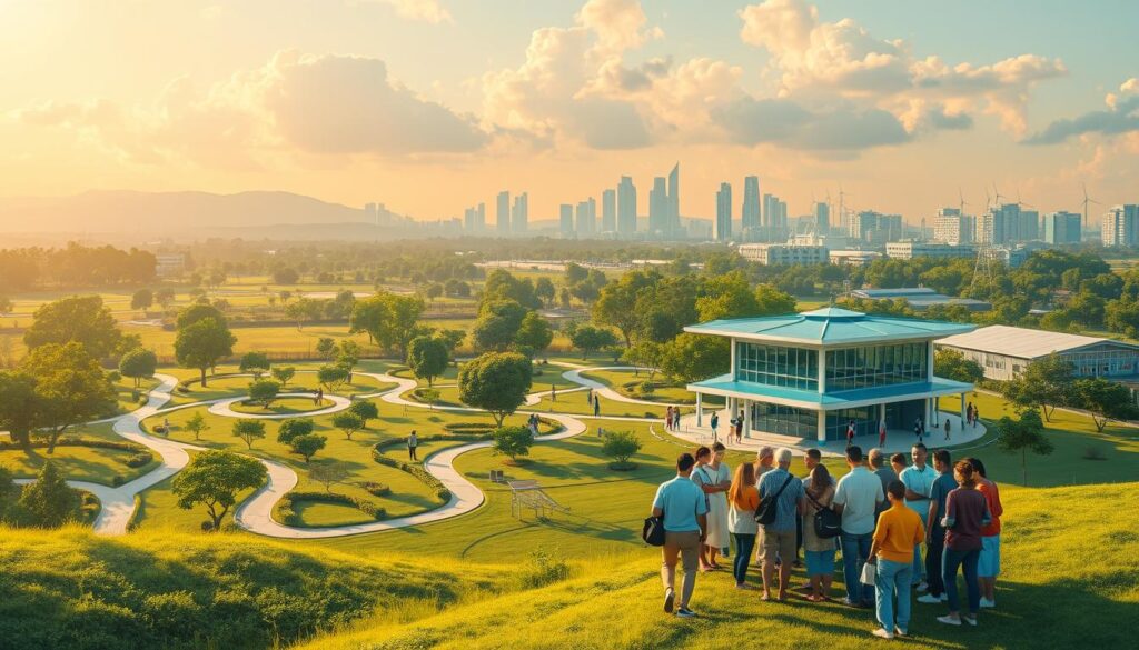 A vibrant landscape depicting the "Kebijakan Kesehatan Rakyat" (People's Health Policy) concept. In the foreground, a diverse group of people, representing different socioeconomic backgrounds, gathered around a large, open-air clinic. The clinic's modern, well-equipped facade exudes a sense of accessibility and inclusivity. In the middle ground, a network of winding paths and lush greenery create a serene, park-like atmosphere, symbolizing the integration of healthcare and community. In the background, a skyline of modern, energy-efficient buildings and renewable energy infrastructure underscores the government's commitment to sustainable and equitable healthcare solutions. The scene is bathed in warm, golden light, conveying a sense of hope, progress, and a people-centric approach to healthcare policy.