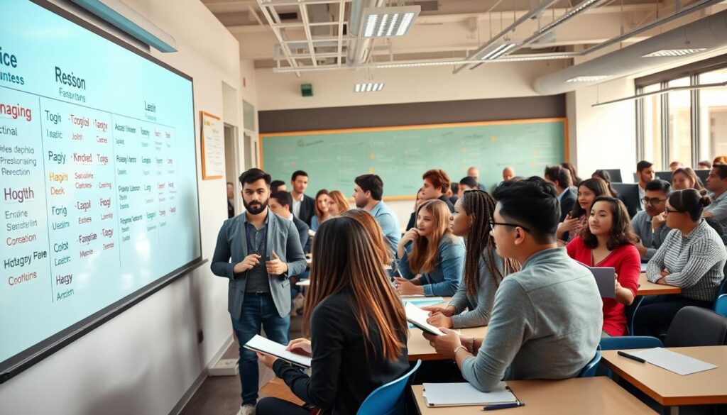 A vibrant, modern classroom setting with a diverse group of students intently focused on learning a foreign language. The foreground features a whiteboard or projection screen displaying foreign language lessons and vocabulary, with a teacher standing nearby, gesturing enthusiastically. The middle ground showcases students of various ages and backgrounds, some taking notes, others engaged in lively discussions. The background depicts a well-equipped language lab, with computer stations and language-learning resources. The lighting is bright and natural, creating a warm, inviting atmosphere conducive to effective language instruction. The overall scene conveys a sense of active engagement, intellectual stimulation, and the acquisition of valuable cross-cultural skills.