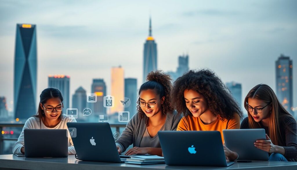 A vibrant, modern platform for student freelancers, set against a backdrop of a sleek, minimalist city skyline. In the foreground, a group of diverse young people collaborate on laptops, their expressions focused and determined. The middle ground features various freelance-related icons and graphics, hinting at the wide range of services and opportunities available. Warm, diffused lighting creates a sense of energy and productivity, while a subtle blue and gray color palette conveys a professional, tech-savvy atmosphere. The overall composition suggests a dynamic, supportive ecosystem for students to explore and thrive in the world of freelance work.