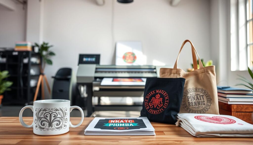 A vibrant scene of a print-on-demand service, showcasing a diverse array of customized products. In the foreground, an elegant mug, a sleek t-shirt, and a stylish tote bag display intricate designs. The middle ground features a modern printing machine, its sleek lines and muted tones complementing the array of colorful products. In the background, a minimalist studio setting with clean white walls and natural lighting creates a professional and inviting atmosphere, emphasizing the high-quality nature of the print-on-demand service. The overall mood conveys a sense of creativity, customization, and entrepreneurial opportunity.