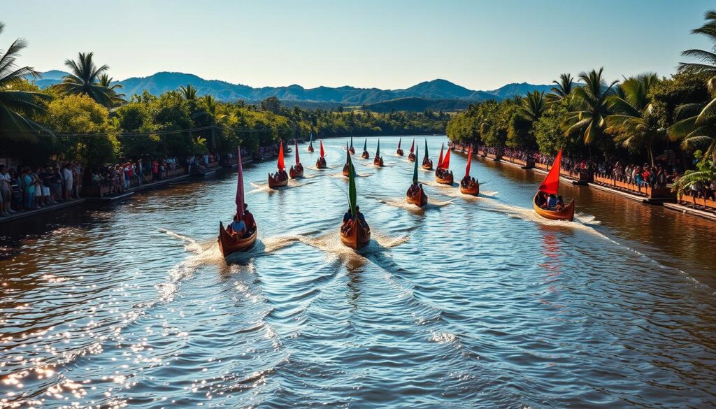 A vibrant traditional boat race on a serene river in Riau, Indonesia. In the foreground, sleek wooden pacu jalur boats glide across the glistening water, their colorful sails and ornate prows catching the warm sunlight. Spectators line the riverbanks, their aura-like energy emanating as they cheer on the racers. In the middle ground, lush tropical foliage frames the scene, while in the distance, rolling hills and a clear blue sky create a picturesque backdrop. The composition evokes a sense of cultural celebration, dynamic movement, and the harmony between nature and human tradition.