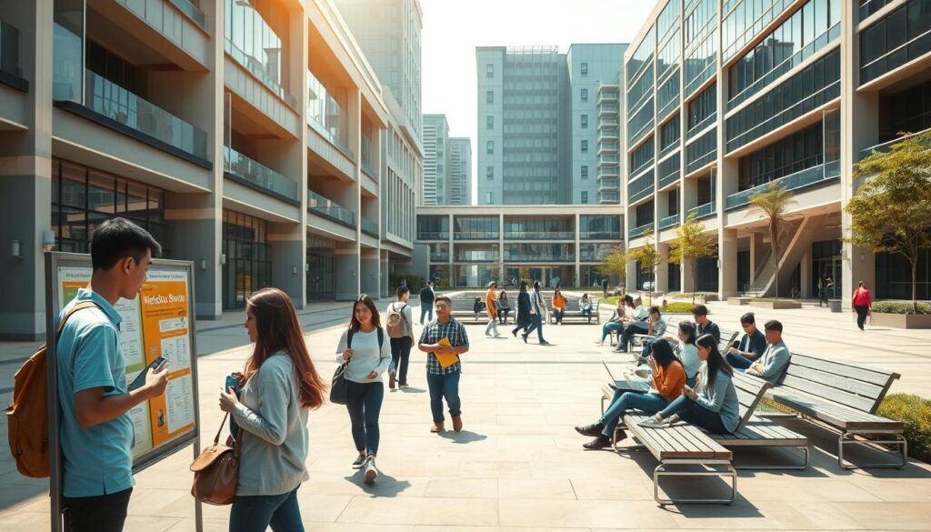 A vibrant university campus on a sunny day, with students walking between lecture halls, their faces animated as they discuss their course options. In the foreground, a group of young adults huddle around a bulletin board, excitedly comparing schedules and considering their electives. The middle ground features an open courtyard, where students lounge on benches, laptops open as they plan their semester. In the background, modern glass-and-steel buildings rise, their clean lines and abundant windows symbolizing the flexibility and freedom of the "Merdeka Belajar" educational system. Warm, diffused lighting bathes the scene, creating a sense of energy and optimism as the students navigate their newfound academic independence.